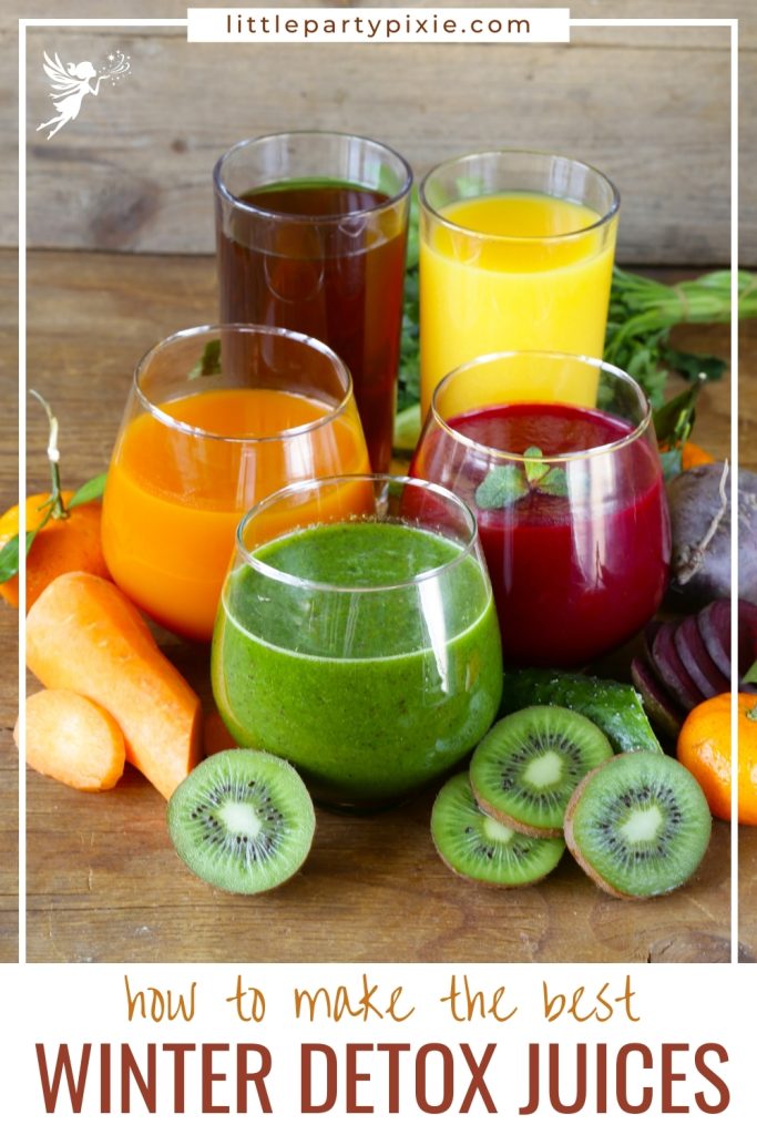 a selection of brightly colored juices and raw fruit and vegetables to make detox juices - text overly winter detox juices
