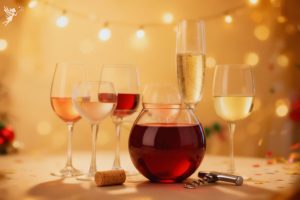 collage of wine glasses against festive party background