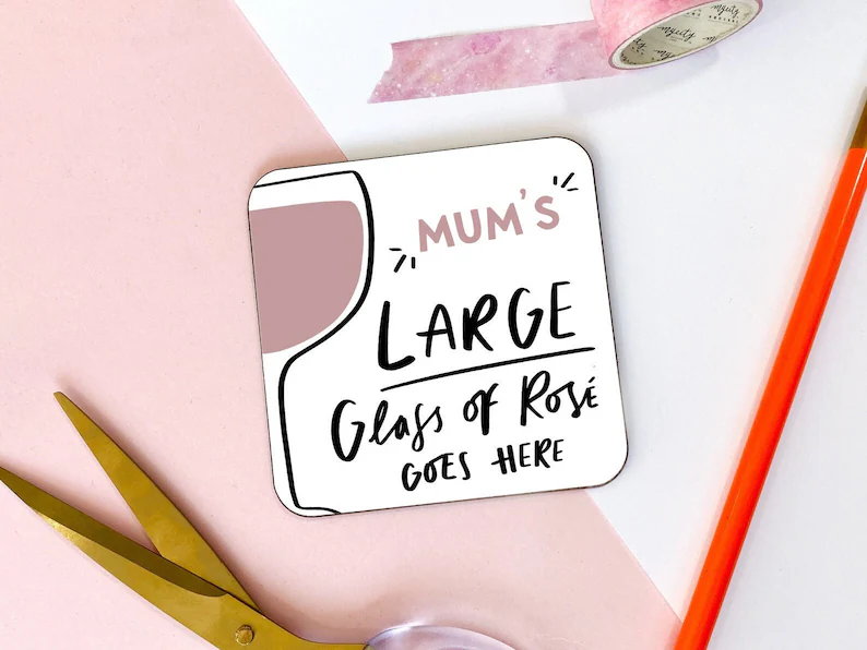 Etsy drink coaster with print mums large glass of rose goes here