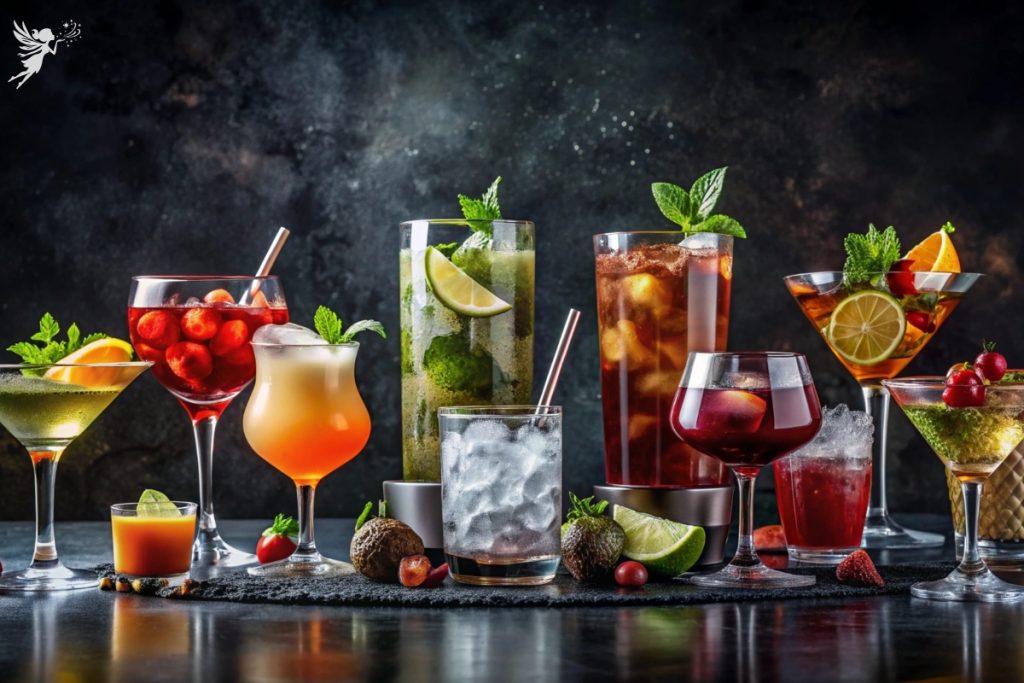 a selection of styled cocktails on a bar top with dark background