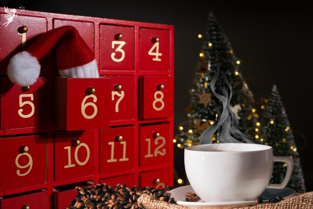 red advent calendar with draws next to a coffee cup
