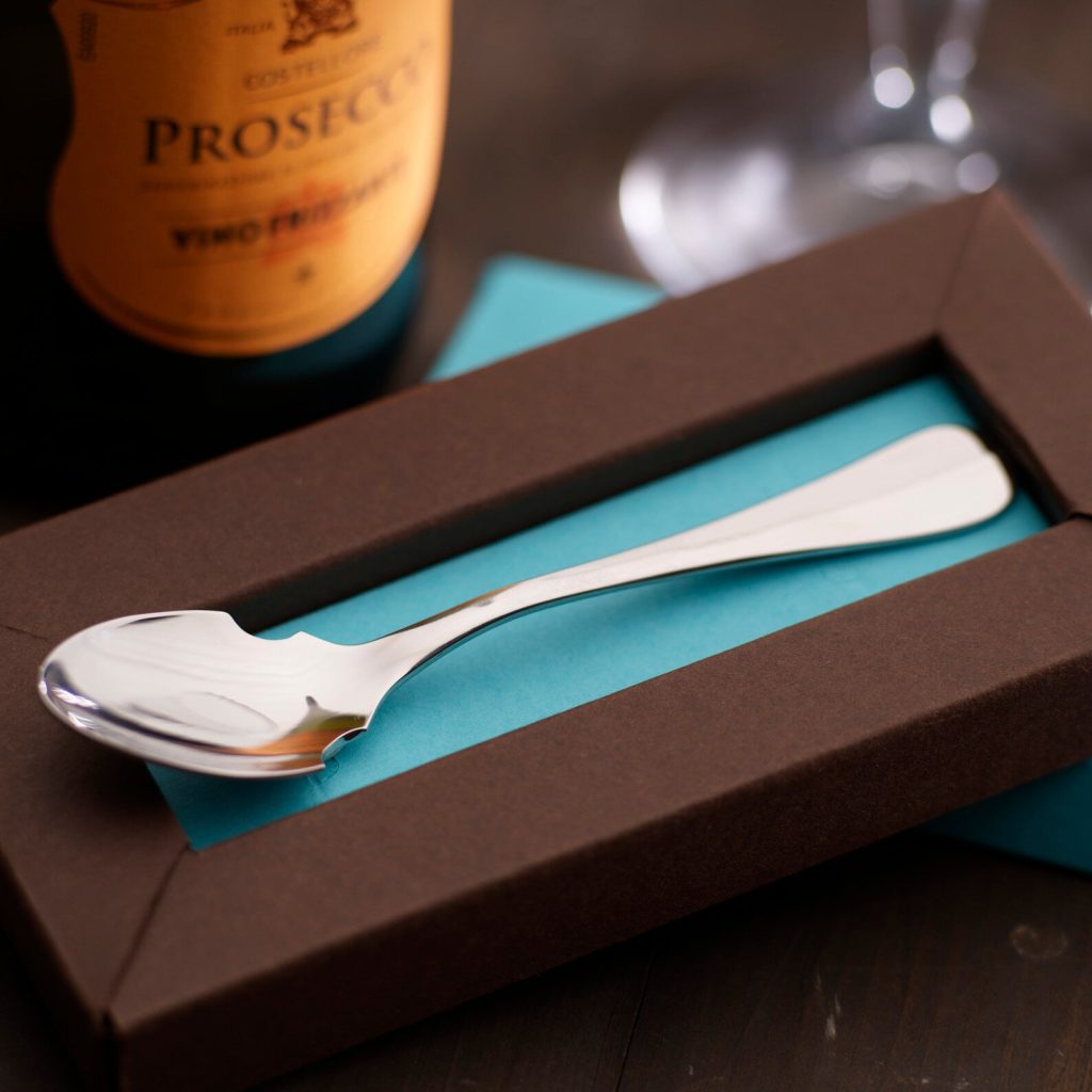 silver prosecco spoon in wooden presentation box