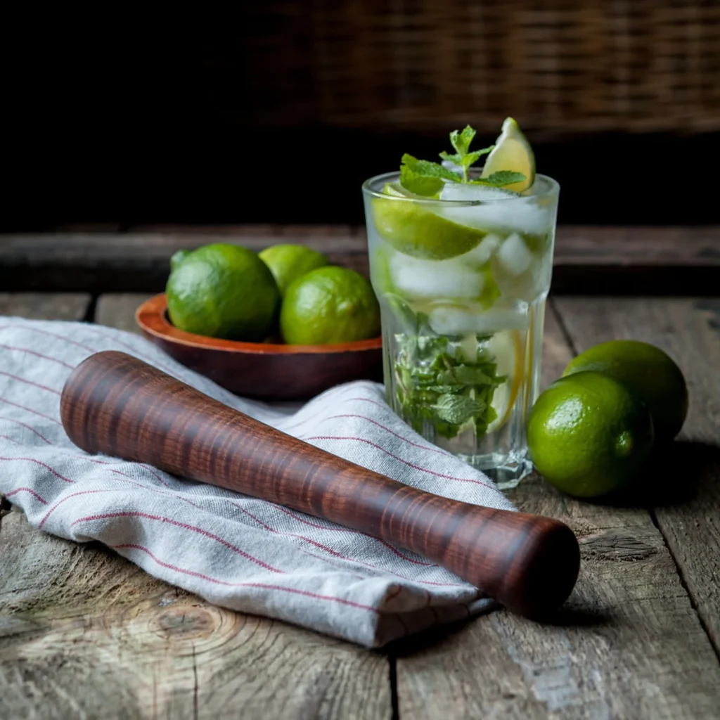 wooden mojito muddler against broody dark background or a mojito glass and limes