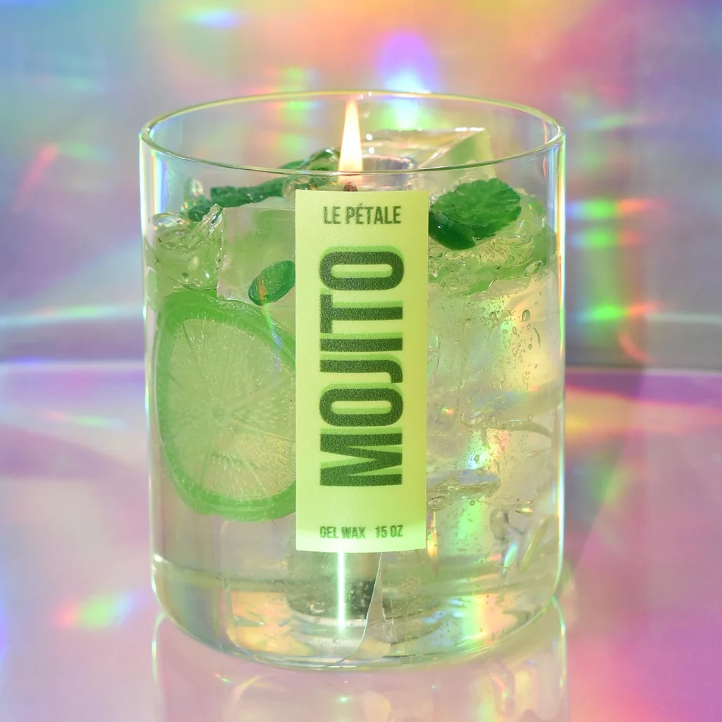 mojito written on the side of a candle jar containing limes and aclear candle gel etsy