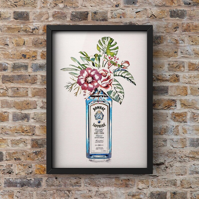 flower vase print on a brick wall made with a bombay sapphire bottle etsy