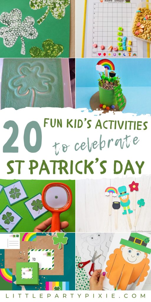 a collage of images showing kid friendly activities for st patricks Day text overlay 20 fun kids activities to celebrate st patricks day