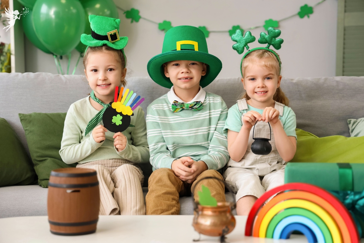 cute kids on a sofa wearing st patricks day hats and holding leprechaun pots of gold