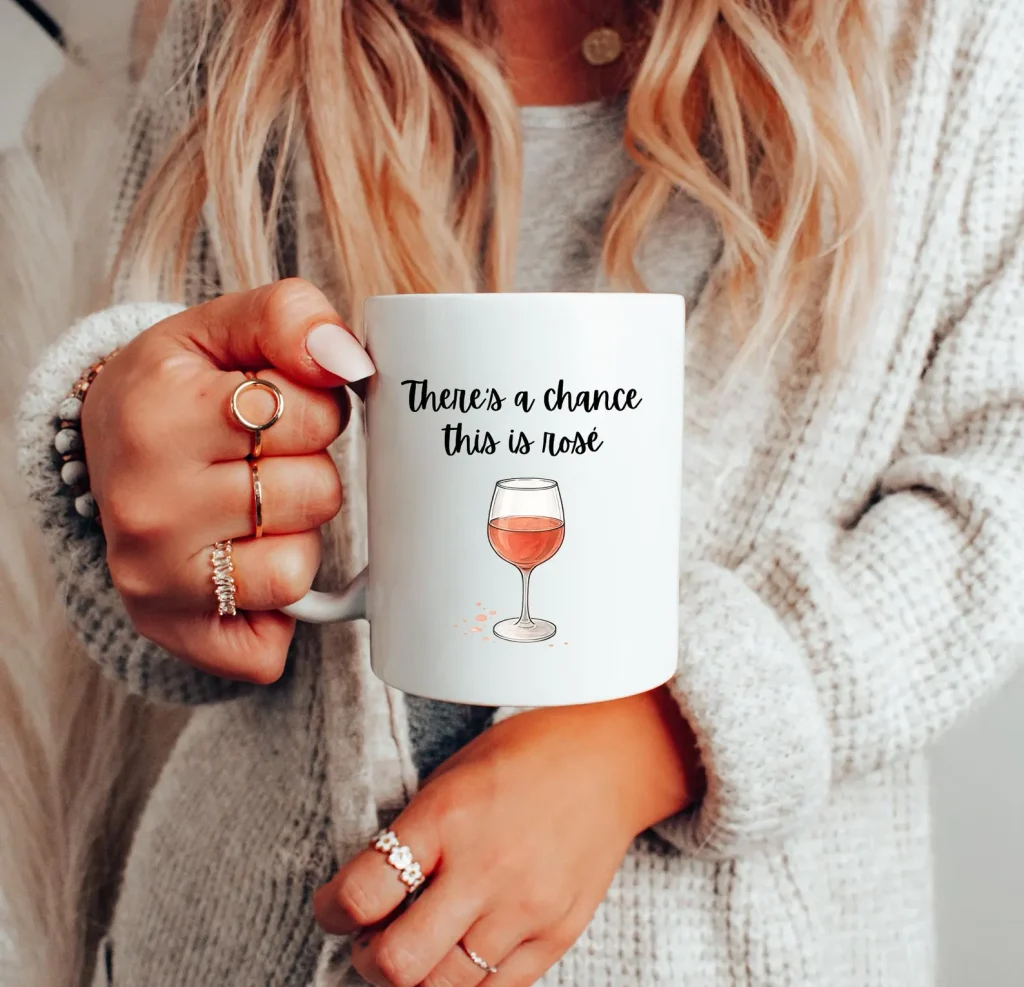 a white mug with text print 'there's a chance this could be rose'