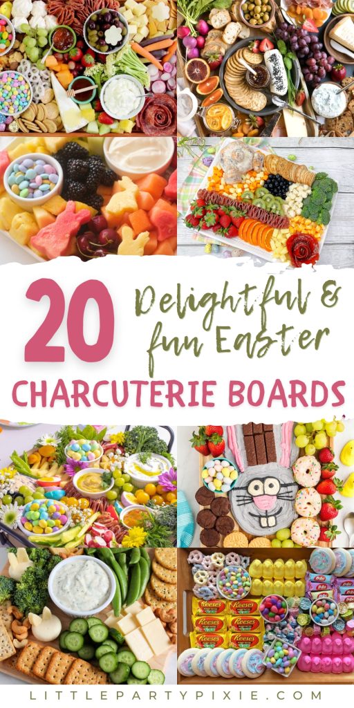 Easter charcuterie boards with fruits, cheeses, crackers, candies, and treats.