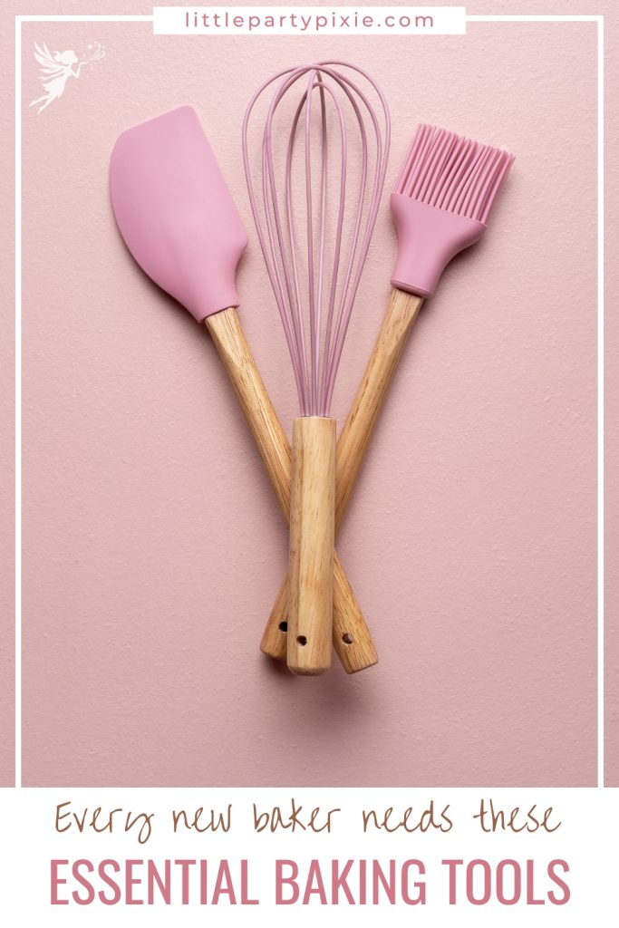 pink baking tools on a pink background text overlay every new baker needs these essential baking tools