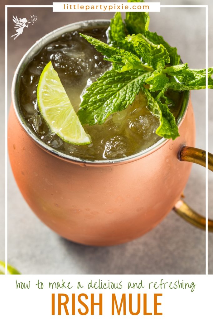 A copper mug of irish mule drink garnished with mint and lime