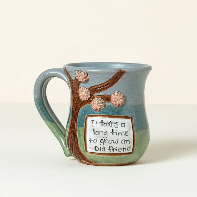 a ceramic mug with painted on 'it takes a long time to grow old friends' uncommongoods