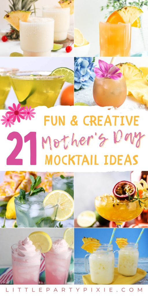 collage of images non-alcoholic spring themed drinks for a mother's day brunch