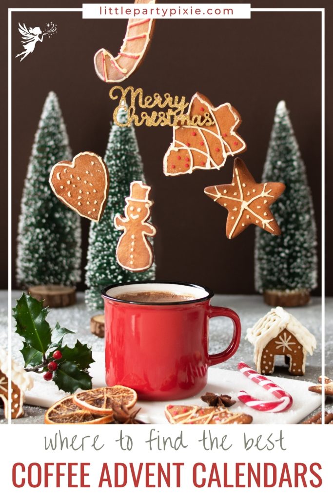 Festive coffee advent calendar with floating cookies and Christmas decorations