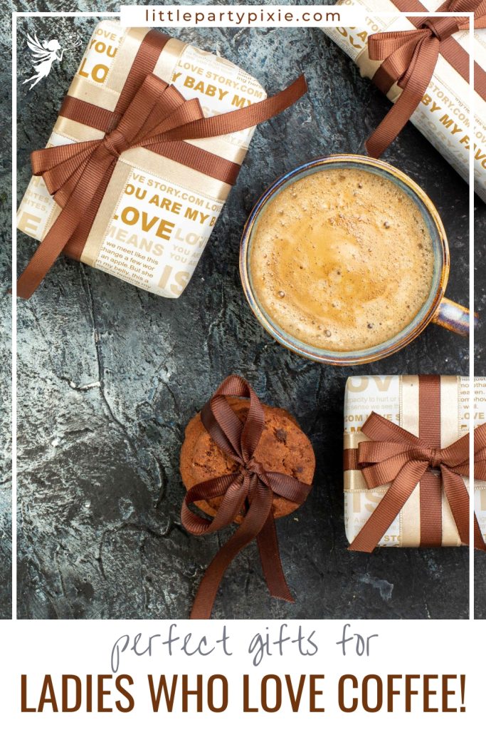 Coffee lover's gift set with wrapped presents, cookies, and coffee cup