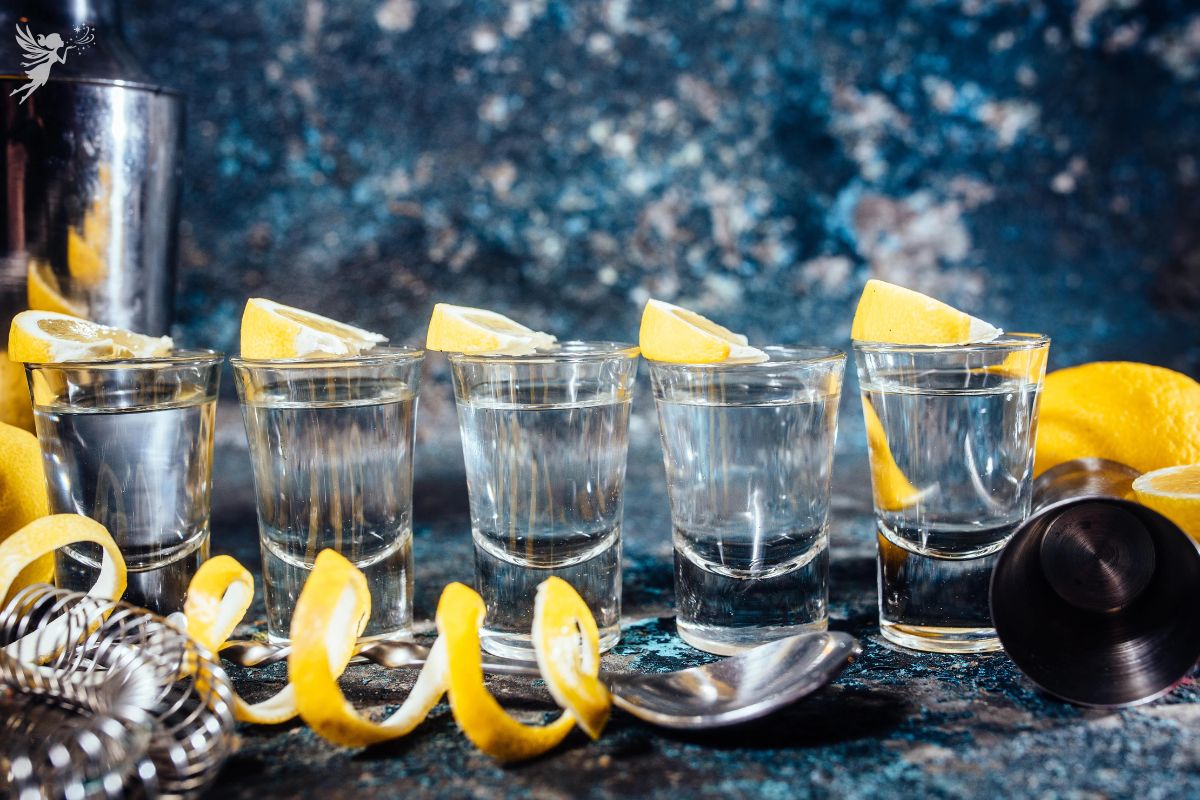 Five tequila shots with lemon wedges and bar accessories displayed