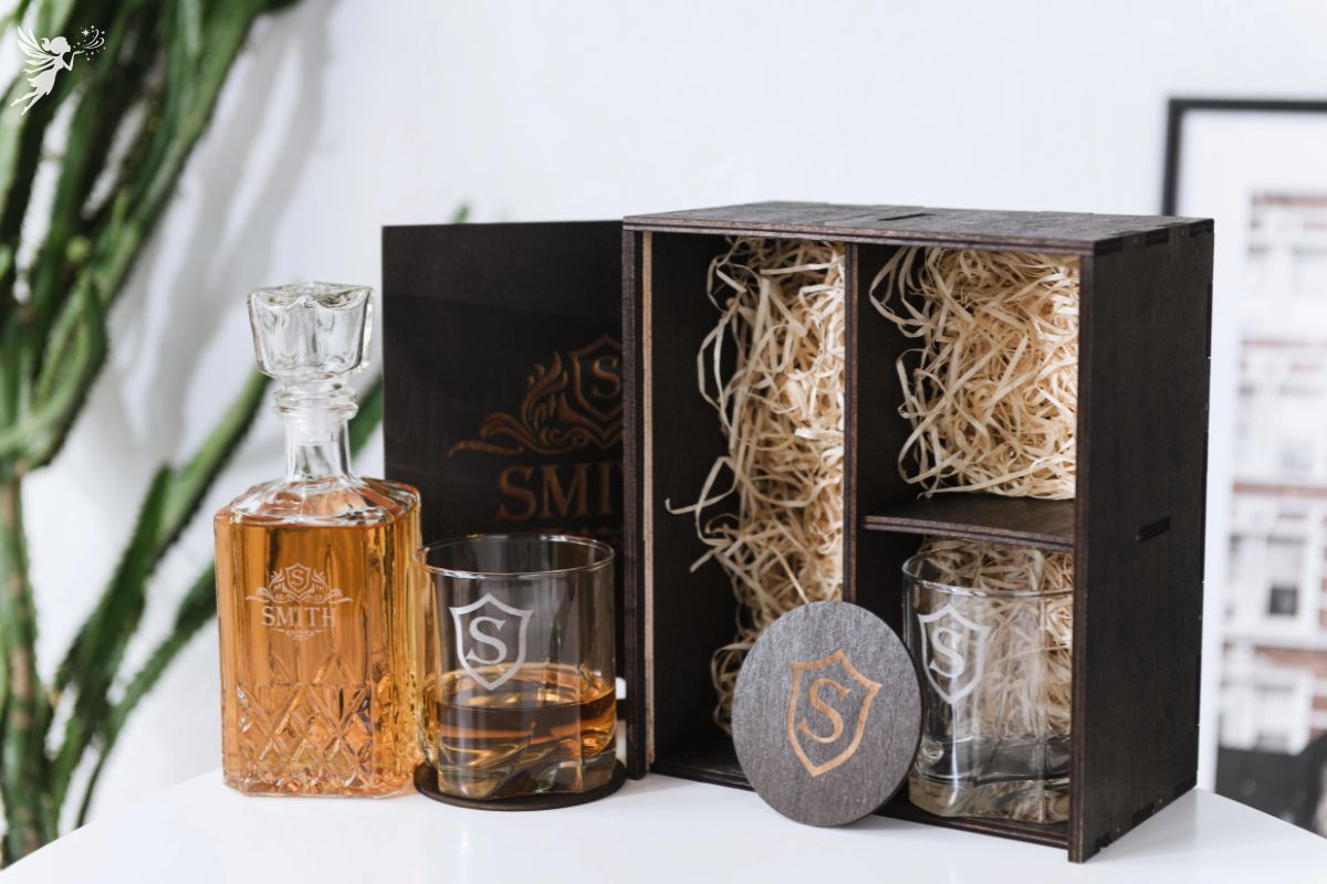 Personalized whiskey decanter set with glasses and wooden gift box