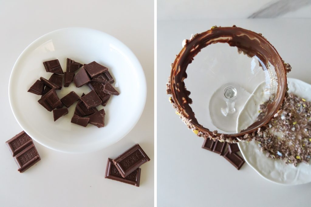 chocolate ready to melt for making the chocolate rim on the cadbury creme egg martini with creushed cadbury eggs