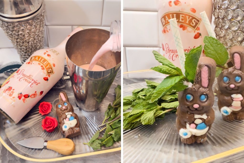 process photo shaker with baileys strawberry iriah cream being poured into a shaker and into a chocolate bunny