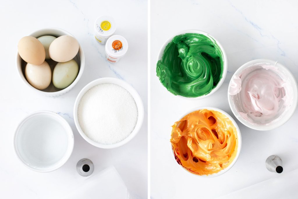 Process photos for making bunny meringue cookies with flatlay of ingredients and colorful bowls of meringue mixture