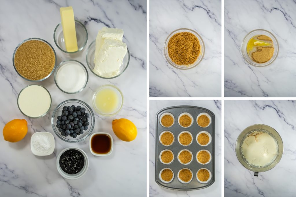 ingredeints and process teps for making the biscuit base of mini cheescakes