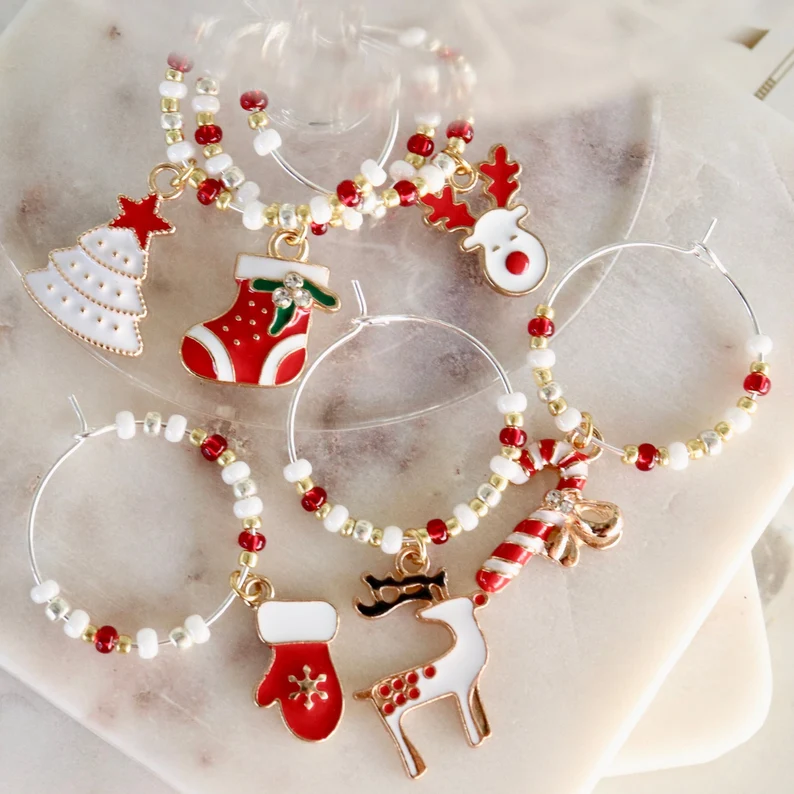 brightly colored red white and gold wine charms on etsy