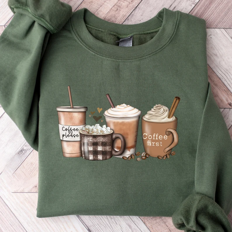 green sweatshirt with cute coffee print etsy