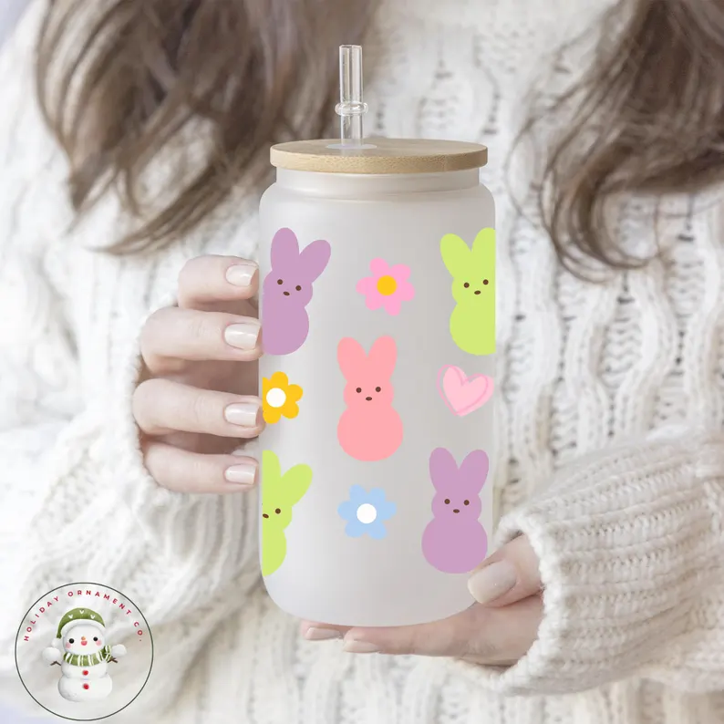 iced coffee cup frosted glass painted with Easter peeps etsy