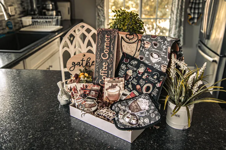 coffee themed gift box with cozy kitchen vibes