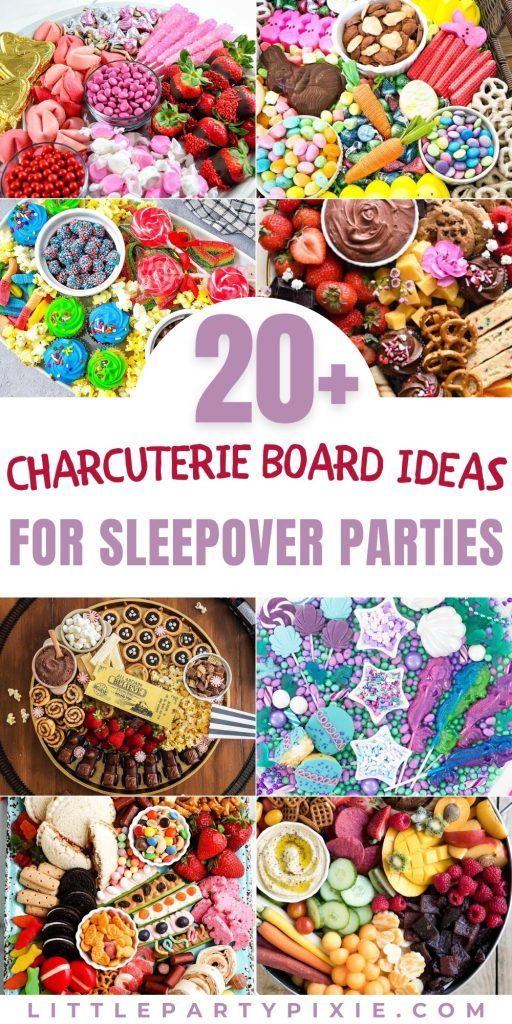 Colorful and themed sleepover charcuterie boards featuring candies, cookies, fruit, pretzels, and sweet treats arranged decoratively