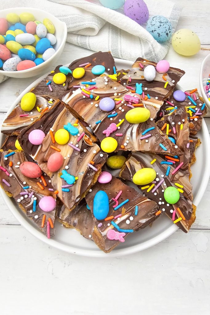 A plate of colorful easter cracker bark