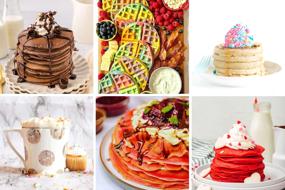 Colorful and festive breakfast treats and ideas including pancakes, waffles, and toppings.