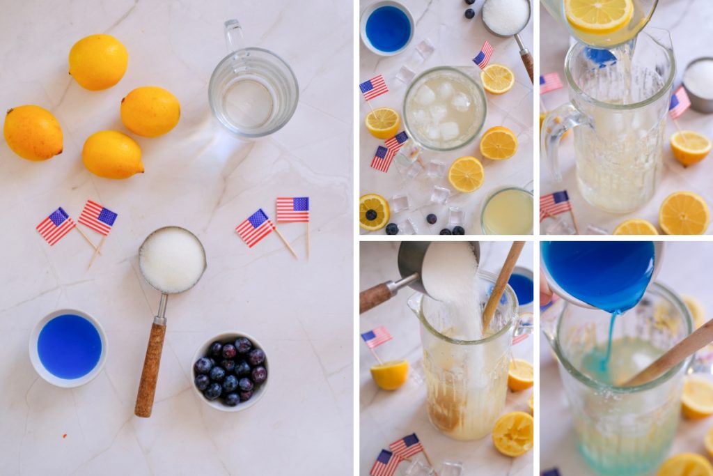 Ingredients and process image for making 4 July Blue Curacao Mocktail