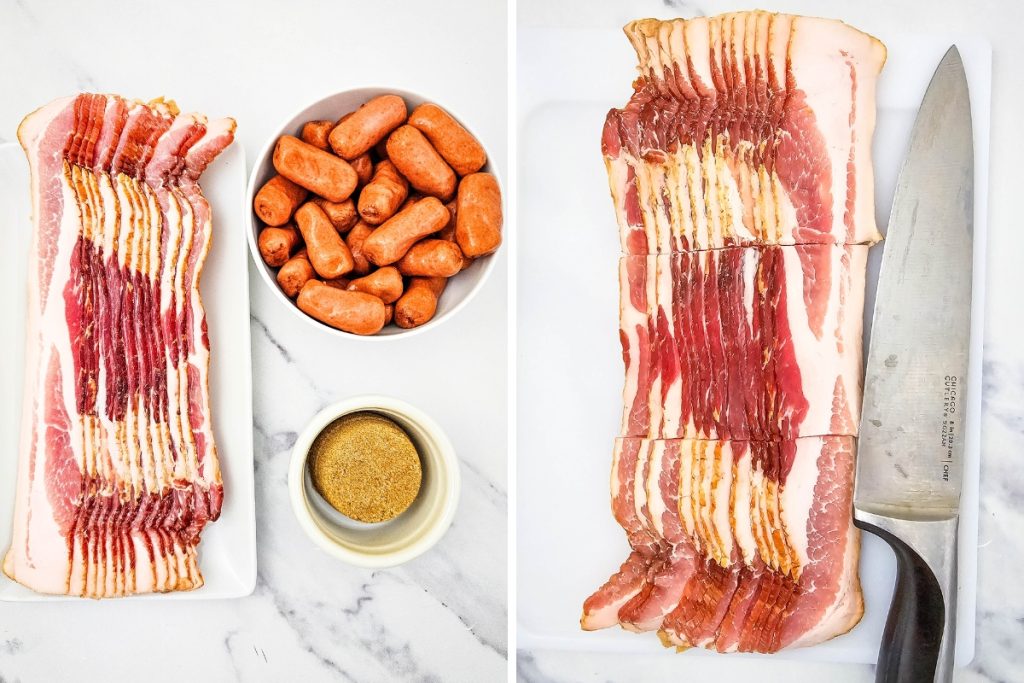 Ingredients prepared for making wrapped bacon smokies