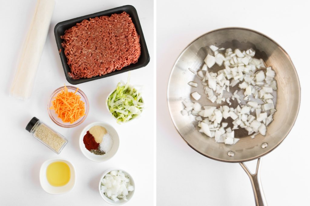 Ingredients and process image for making Big Mac Pinwheels - cook onion with olive oil