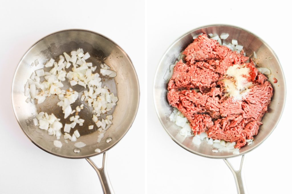 Process image for making Big Mac Pinwheels -Adding ground beef, salt, pepper, garlic powder, and paprika