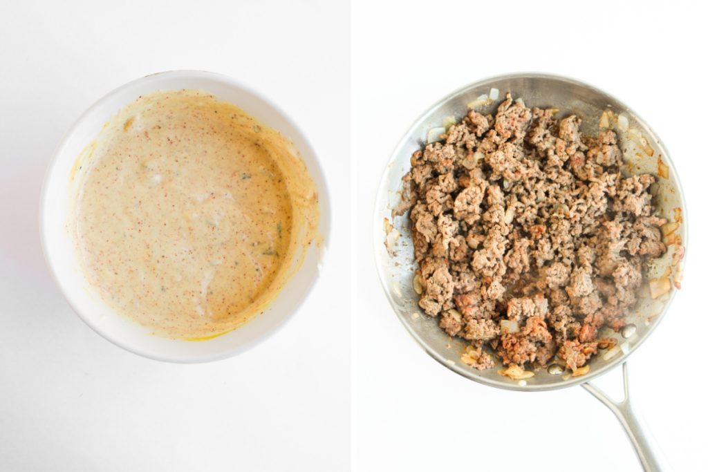 Process image for making Big Mac Pinwheels - mix all sauce ingredients and cook the beef until brown and fully cooked