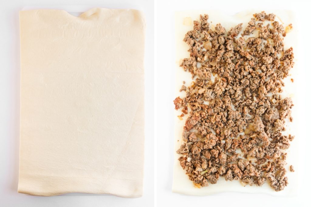 Process image for making Big Mac Pinwheels - Roll out puff pastry and evenly spread the beef mixture