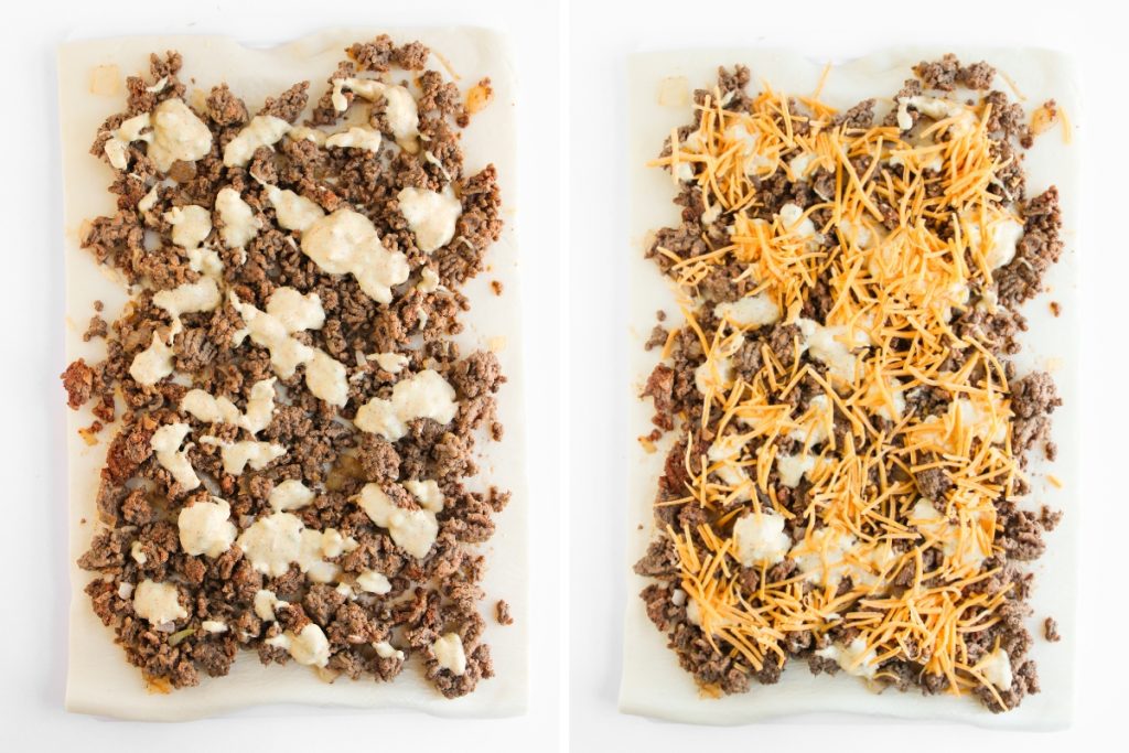 Process image for making Big Mac Pinwheels - Drizzle 3/4 of the sauce over the beef and sprinkle with cheese.