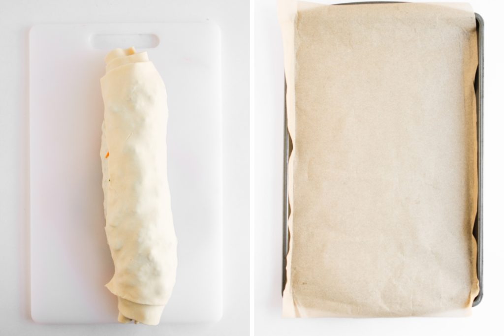 Process image for making Big Mac Pinwheels - roll the puff pastry into a log and freeze then line a baking sheet with parchment paper.