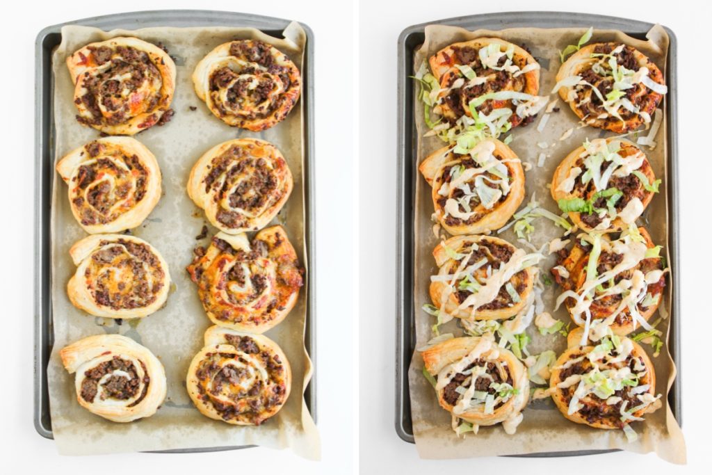 Process image for making Big Mac Pinwheels - Brush with olive oil then bake. Drizzle with remaining sauce, top with shredded lettuce, and sprinkle with sesame seeds.