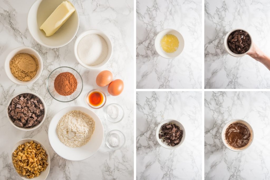 Ingredients and process image for making brownie cookies