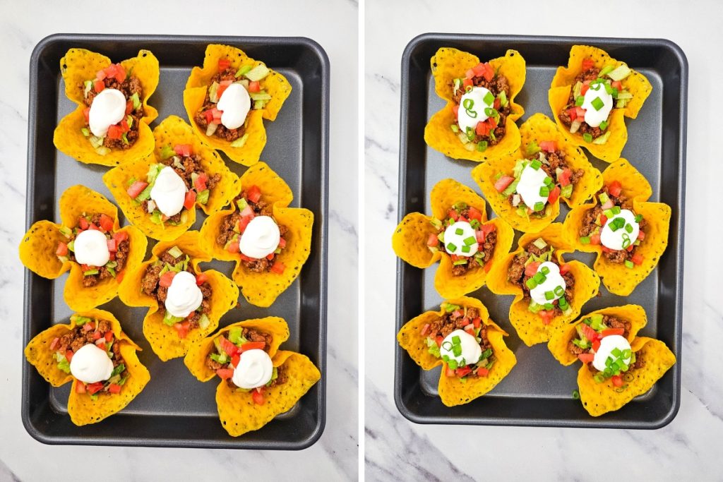 Process image for making cheddar cheese taco cups - topping with a dollop of sour cream and green onions.