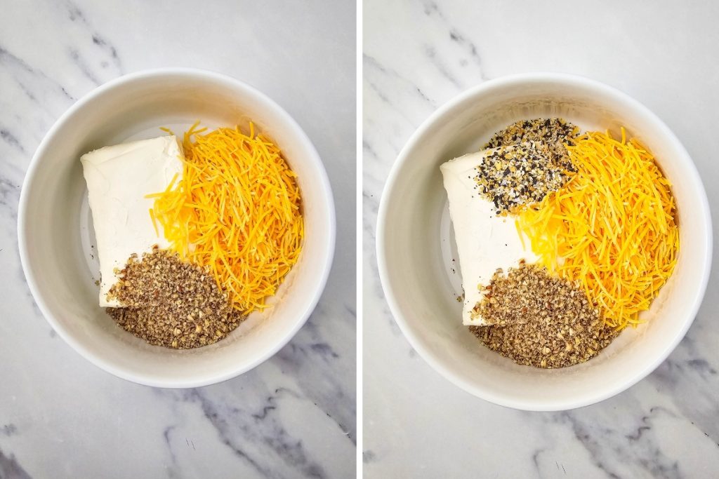 second process step for making cheeseball bites in a mixing bowl showing the ingredients you will mix