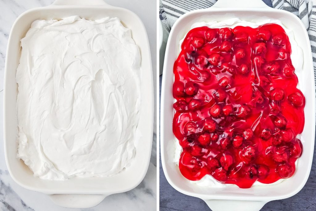 Cherry Cheesecake Dip preperation photos showing the fluffy cream cheese base and the added cherry topping
