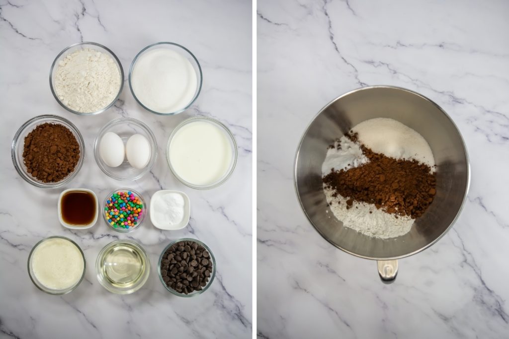 Ingredients and process image for making cosmic brownie cupcakes - combining sugar, flour, cocoa powder, baking powder and salt