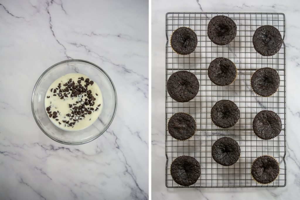 Process image for making cosmic brownie cupcakes - combining the heavy cream and chocolate chips and with ready or cooled cupcakes
