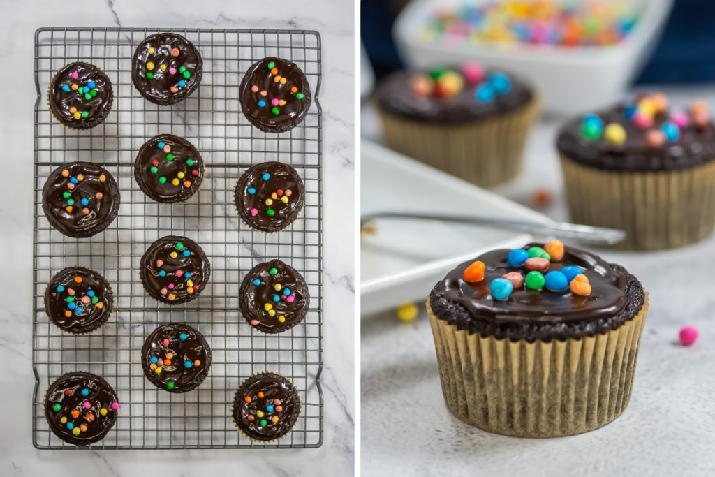Process image for making cosmic brownie cupcakes - sprinkle the candy coated chocolate chips over the ganache to finish