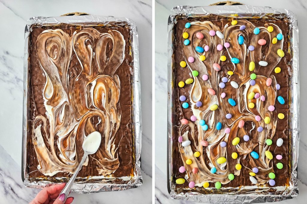 process photo for making easter bark, showing the chocolate and easter decorations being adde