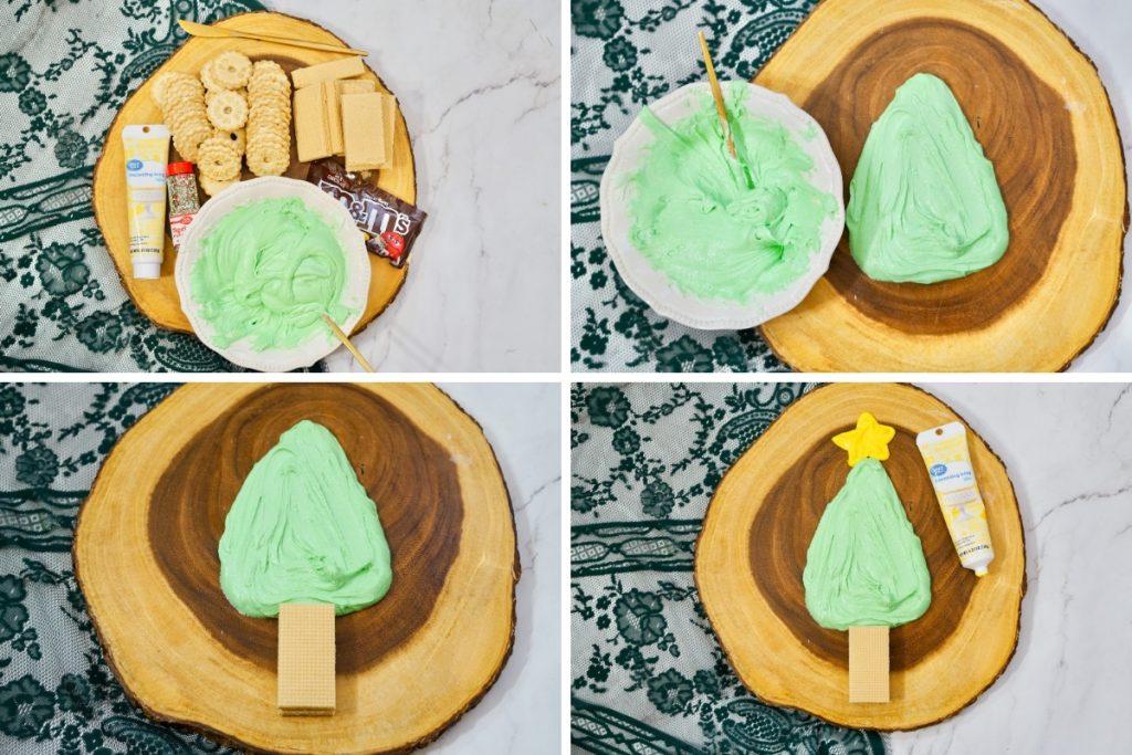 Ingredients and process image for making frosting dip Christmas tree - create a tree with green frosting, gram cracker at the bottom and yellow frosting for star on top